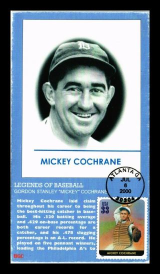 Dr Jim Stamps Us Mickey Cochrane Legends Of Baseball Bgc Fdc Cover Scott 3408g