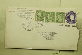 Dr Who 1938 Chicago Il Perfin Uprated Stationery Airmail Railway Corner E39223