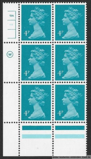 Gb 1971/96 4p Plate Block Of 6,  Sg Ug13/x997,  Plate 13a,  11b No Dot.  Mnh