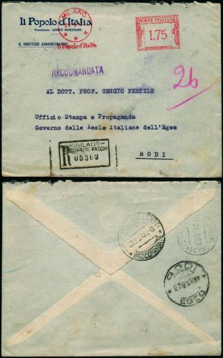 A593 Italy Registered Cover Greece Milano Rodi 1937 Meter Cancellation