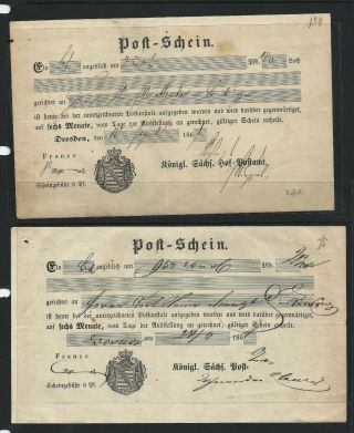 German States Saxony/ Sachsen 1861 Post Scheine X 2 Dresden & ?