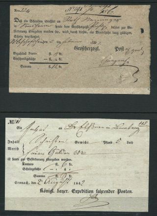 German States Bayern/ Bavaria 1842 Post Scheine X 2,  Kronach & ? - Double - Sided