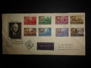 Hungary To Us Ny Roosevelt Memorial Fdc Registered Airmail Magyar 1947 Id 856