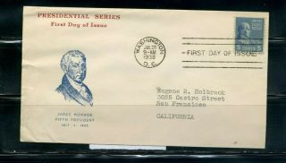 Us Scott 810,  1938 Monroe 5 Cent First Day Cover / Fdc