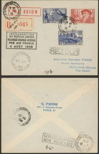 France 1938 - Registered Air Mail Cover Flight Hanoi Hong Kong 35006