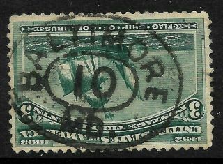 Sc 232 " Baltimore Md " Town Cancel Son 3 Cent Columbian 1893 Us Stamps 91c11