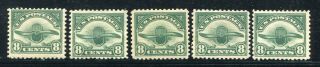 Five 1923 U.  S.  Scott C4 Eight Cent Airmail Stamps Hinged