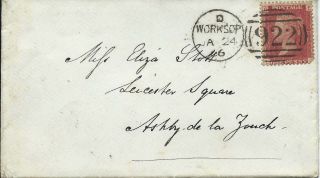 Gb 1866 1d Red Pl.  80 Cover With Worksop 922 Duplex To Ashby De La Zouch