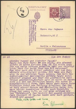 Sweden Wwii 1944 - Uprated Stationery To Berlin Germany - Censor D69