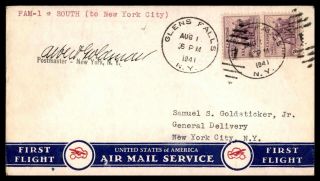 York Glens Falls First Flight Fam 1 August 1 1941 Signed By Postmaster To Ne