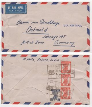 1948 India Kgvi Air Mail Cover Satara To Detmold Germany British Zone Block