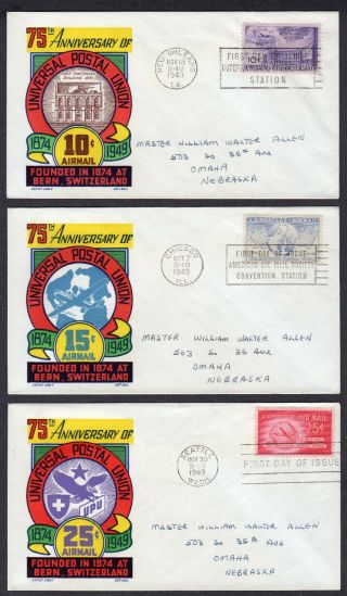 1949 Upu 75th Anniversary Set Of 3 Airmail Boll 3 - Color Cachet Craft Fdc 