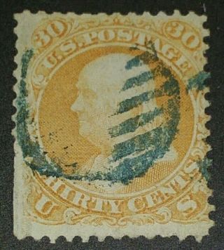 1861 U.  S.  Stamp Scott 71 Ben Franklin 30c Orange,  Hinged,  Blue Cancel Scv $190