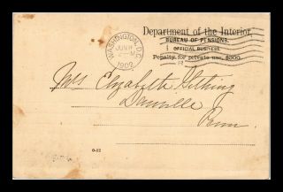 US POSTAL CARD DEPARTMENT OF THE INTERIOR BUREAU OF PENSIONS 1902 2