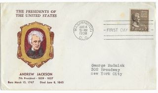 1938 Prexie Fdc,  812,  7c Andrew Jackson,  Hux Cut Hand - Colored Cachet