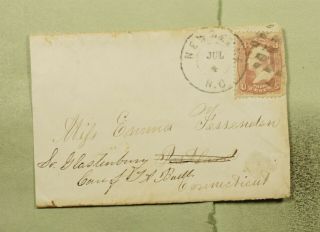 Dr Who 1860s Nc Fancy Cancel To South Glastenbury Ct E41397