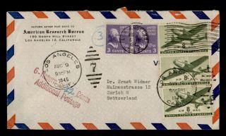 Dr Who 1946 Los Angeles Ca Prexie Airmail To Switzerland Postage Due E39843