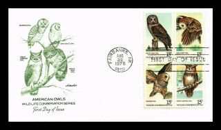 Dr Jim Stamps Us American Owls Wildlife Conservation Fdc Cover Block Of Four