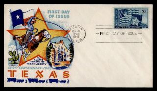 Dr Who 1945 Fdc Texas Statehood Centennial Fluegel Cachet E31152