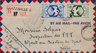 Wwii 1945 French Congo Censor And Paper Label Registered Air Mail Cover 53