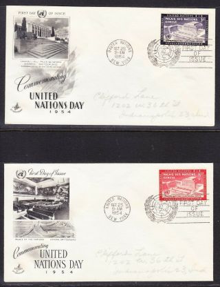 U.  N.  " Artcraft " - 1954 United Nations Day Pair First Day Cover Addressed