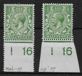 1912 - 22.  Royal Cypher 1/2d.  Green.  Controls I16 (p) & I16 (i).  Mm.  Ref 9/85
