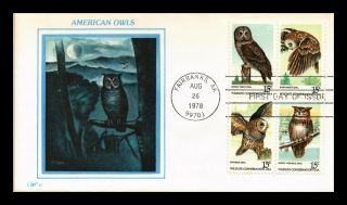 Dr Jim Stamps Us American Owls Western Silk Fdc Cover Block Of Four