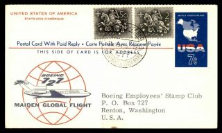 Portugal Boeing 727 Maiden Global Flight Us Reply Card 1963 Mixed Franking