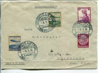 Germany Zeppelin Hindenburg First Flight Cover To Usa 8.  5.  1936