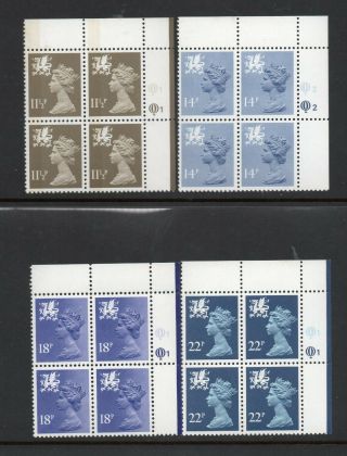 Um/mnh Wales 11½p 14p 18p 22p Corner Blocks Of 4 With Questa Cylinder Numbers