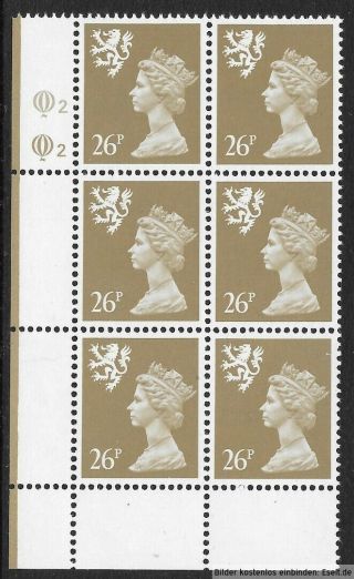 Gb/scotland 1971/98 26p Plate Block,  Sg Xsl57/s73,  Plate 2,  2.  Mnh
