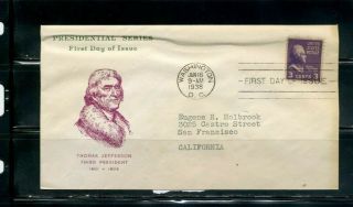 Us Scott 807,  1938 Presidents 3 Cent First Day Cover / Fdc
