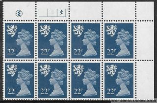 Gb/scotland 1971/98 22p Plate Block,  Sg Xsl39/s47,  Plate 4a,  1b No Dot.  Mnh