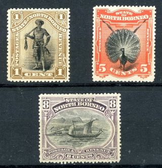 North Borneo 1894 1c,  5c And 8c (perfs 14.  5 - 15) Sg 67,  72 And 74 Mounted