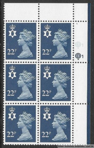 Gb/n.  Ireland 1971/00 22p Plate Block,  Sg Xnl37/ni53,  Plate 1,  1 Row 1.  Mnh