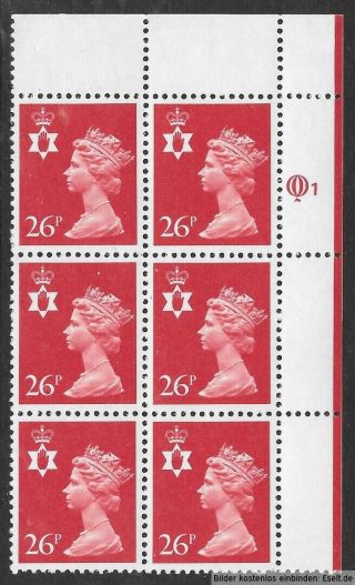 Gb/n.  Ireland 1971/00 26p Plate Block,  Sg Xnl48/ni60,  Plate 1 Row 1.  Mnh