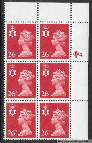 Gb/n.  Ireland 1971/00 26p Plate Block,  Sg Xnl48/ni60,  Plate 4 Row 1.  Mnh