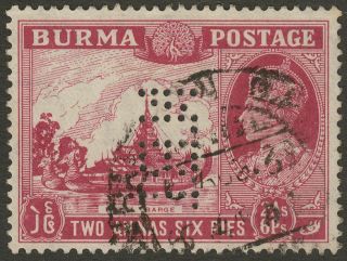 Burma 1939 Kgvi 2a6p Claret Sg25 With Nbi National Bank Of India Perfin
