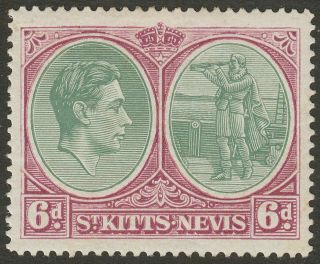 St Kitts - Nevis 1943 Kgvi 6d Green And Deep Claret P14 Chalky Sg74b Cat £55