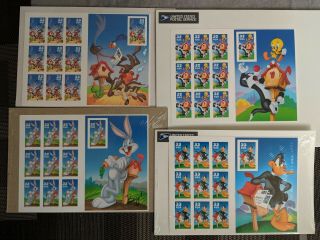 4 Sheets Us Stamps Looney Tunes: Wile E. ,  Bugs,  Tweety,  Sylvester,  Daffy