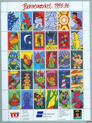 Denmark.  Poster Stamp Sheet Mnh 1995 - 96.  Borns Vilkaar.  Lighthouse,  Clown,  Animals.