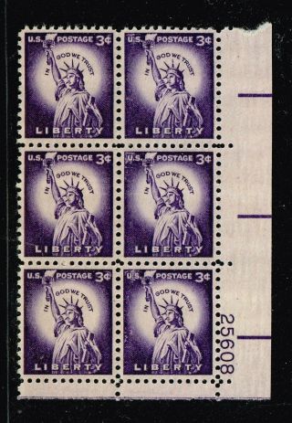 Us Stamp 1035 – 1954 Liberty Series - 3¢ Statue Of Liberty Pl Blk Of 6 Mnh/og