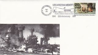 United States 1991 Uss Arizona Memorial 50th Anniversary Fdc Honolulu Cds Vgc