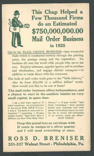 1926 Phila Pa Ross D Breniser Mail Order Business Intro To World Wide Sales