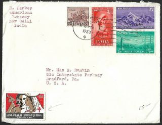 India 1953 Cover To Usa With Tb Seal Label