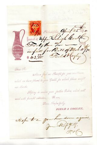 Us Revenue 2 Cents Stamp On Letterhead Queensware Philadelphia Pa 1870 Id 1010