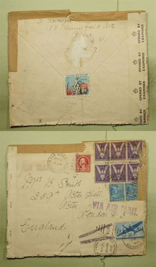 Dr Who 1942 Ny Airmail To Gb Postage Due Wwii Patriotic Label Censored E40105