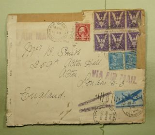 DR WHO 1942 NY AIRMAIL TO GB POSTAGE DUE WWII PATRIOTIC LABEL CENSORED e40105 2