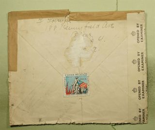 DR WHO 1942 NY AIRMAIL TO GB POSTAGE DUE WWII PATRIOTIC LABEL CENSORED e40105 3