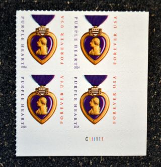 2014usa 4704b Forever Purple Heart (reprint) Plate Block Of4 Medal C111111